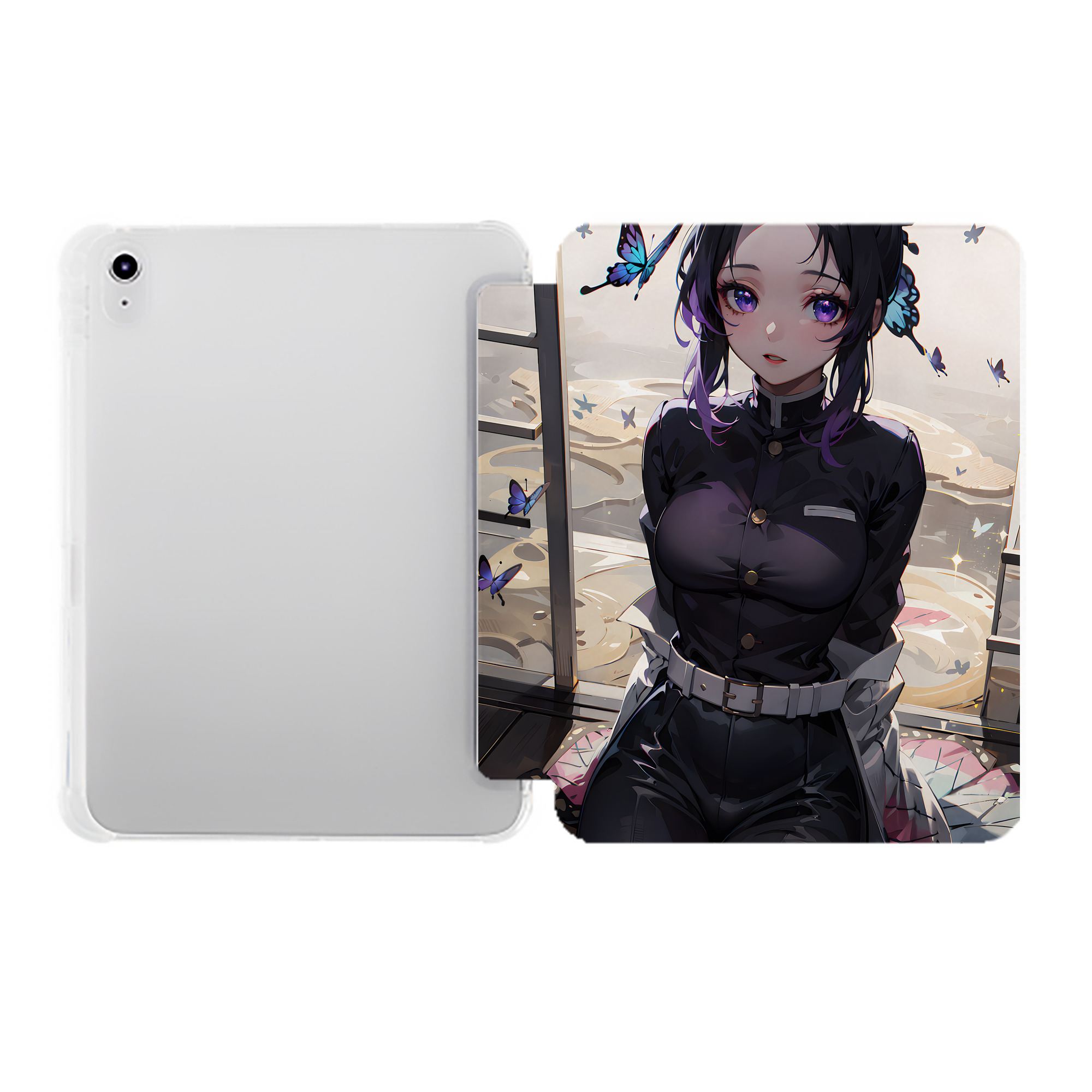 （画像用） 鬼滅の刃（きめつのやいば）蟲柱-胡蝶 しのぶ／こちょう しのぶ Kochou Shinobu IPad ケース ペン収納付き 三つ折りスタンド PUレザー×シリコン 対応機種9.5/10.5/10.9インチ